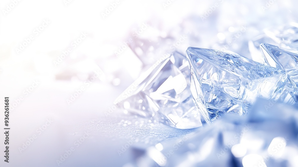 Poster elegant crystals scattered on a reflective surface illuminated by soft light in a serene setting