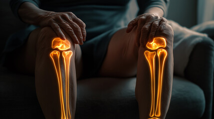 Senior woman experiencing knee pain with highlighted bones