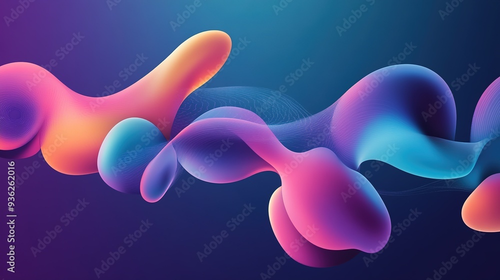 Poster colorful abstract shapes intertwine on a dark background, creating dynamic movement and depth in a v