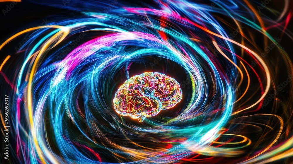 Aufkleber a colorful representation of a brain surrounded by swirling light patterns in a dark background, ill