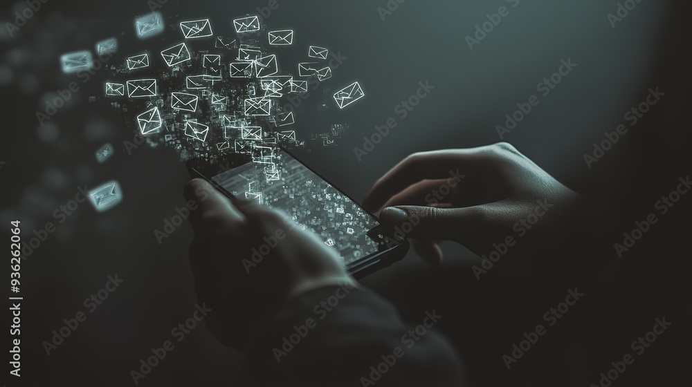 Aufkleber a person interacts with a smartphone while animated messages appear in the dark, creating a digital 
