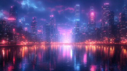 Obraz premium Neon-lit futuristic cityscape reflecting in water at night, vibrant cyberpunk aesthetic.