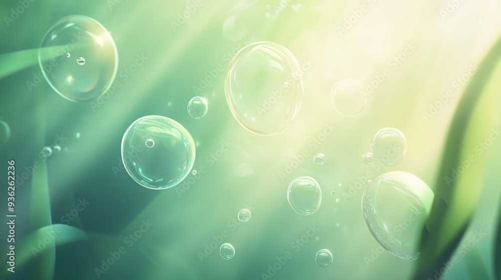 Poster bubbles rising through sunlight in a serene underwater setting with soft green vegetation swaying ge
