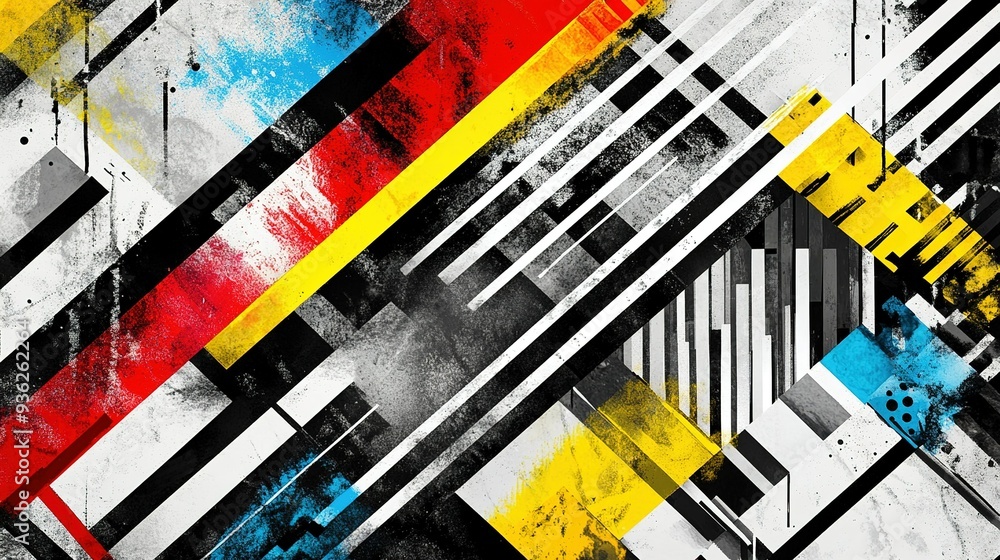 Poster abstract geometric composition with vibrant colors and dynamic lines in an artistic layout