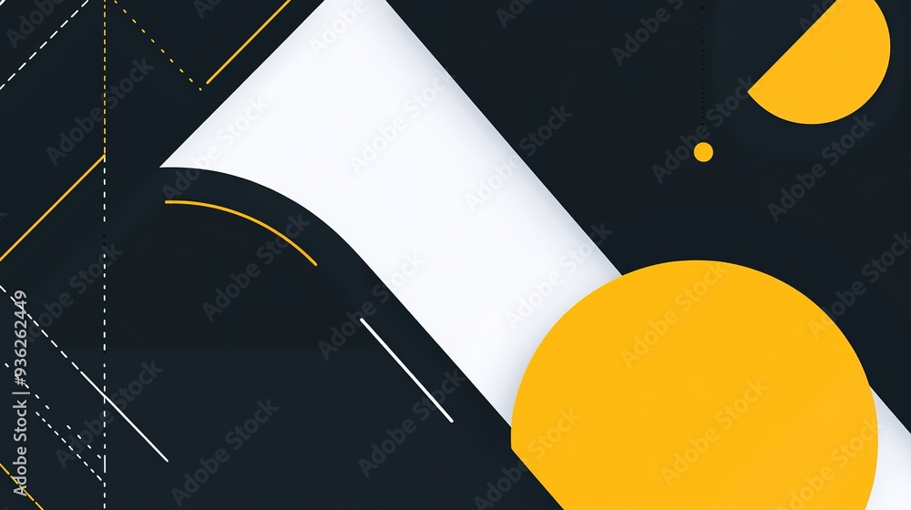 Poster modern abstract geometric design featuring bold yellow shapes on a dark background in a dynamic arra