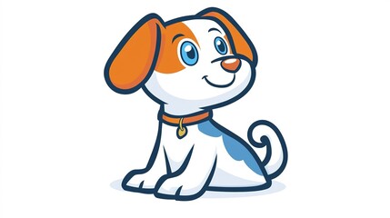 Cartoon puppy sitting happily with blue eyes and orange ears, ready for play, designed for a cheerful atmosphere