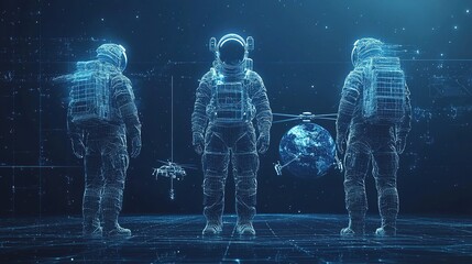 Visualization of space exploration elements with digital astronaut, helicopter and globe in wireframe design. Digital Wireframe Space Exploration Trio of Astronaut, Helicopter, and Globe