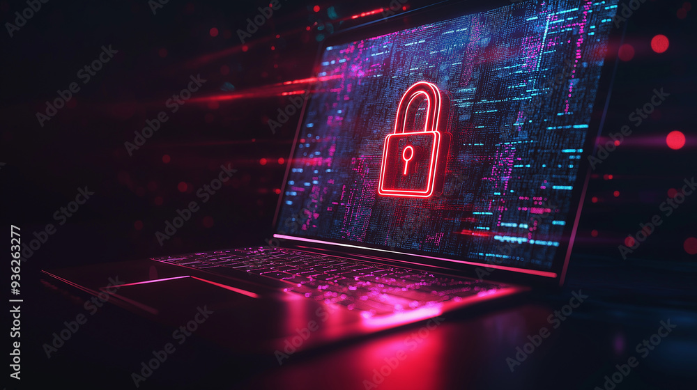 Poster Laptop showing lock symbol and binary code during the night