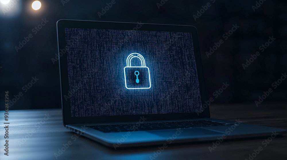 Poster Laptop showing lock icon on code background symbolizing cybersecurity
