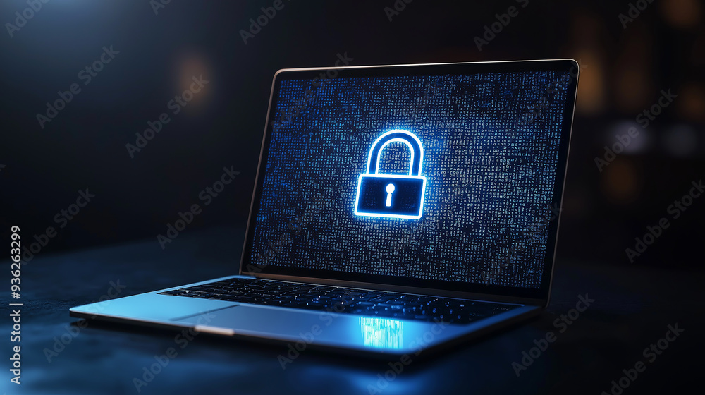 Wall mural Laptop showing security padlock icon on blue binary code background