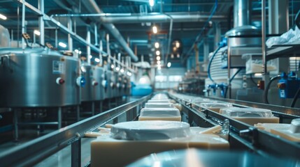 Fototapeta premium Detailed view of a busy dairy factory showcasing the advanced cheese production process. Machinery and containers align as the workflow highlights the craftsmanship involved