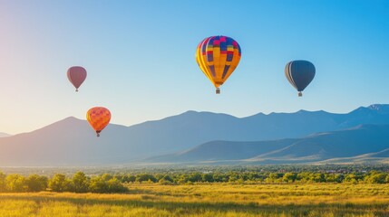 Naklejka premium A group of hot air balloons are flying over a grassy field