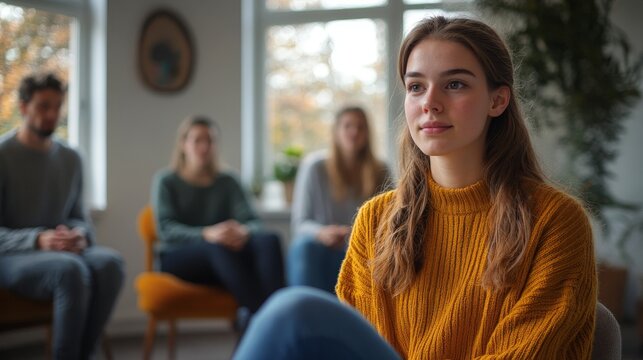 Professional psychotherapist leading group of young adults, helping male and female patients to cure mental health problems through group therapy activities. 