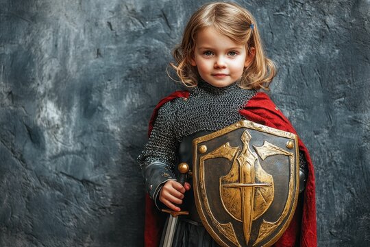 Child in a medieval knight costume, holding a toy sword and shield, standing on stone grey background