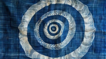 French Blue Ikat Background with Hypnotic Spiral Design in Hippie Style