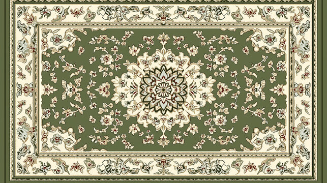 Green persian rug with floral pattern exhibiting classic design