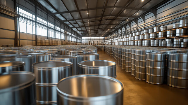 Rows of steel barrels storing chemicals or other industrial liquids in a warehouse