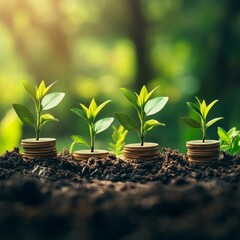 Four small plants are growing in the dirt with coins on top of them