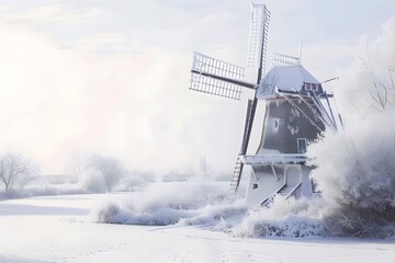 Obraz premium Snow-dusted windmill gracefully situated in a tranquil winter landscape, showcasing the serenity of the season.
