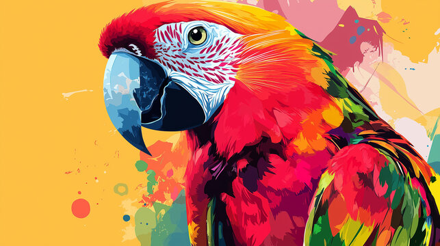 Pop art concept colorful parrot portrait. Colorful background in pop art retro comic style.	