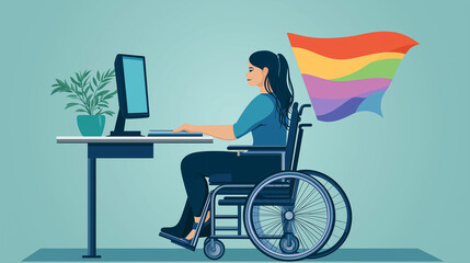Fototapeta premium Confident lgbtq businesswoman working on a computer at her office desk with a rainbow flag