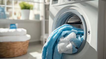 Modern washing machine loaded with laundry basket in the background