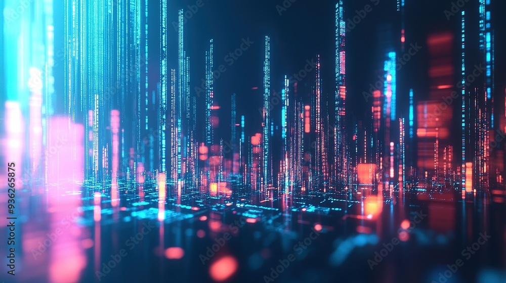 Poster colorful digital data streams rise from a dark surface, creating an abstract futuristic landscape in