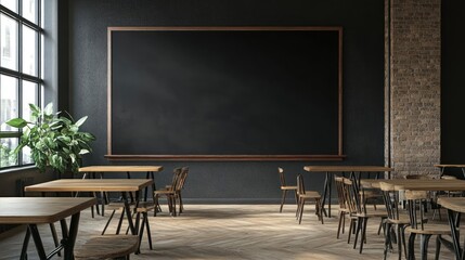 A blackboard is on the wall of a classroom. The room is empty and has wooden chairs