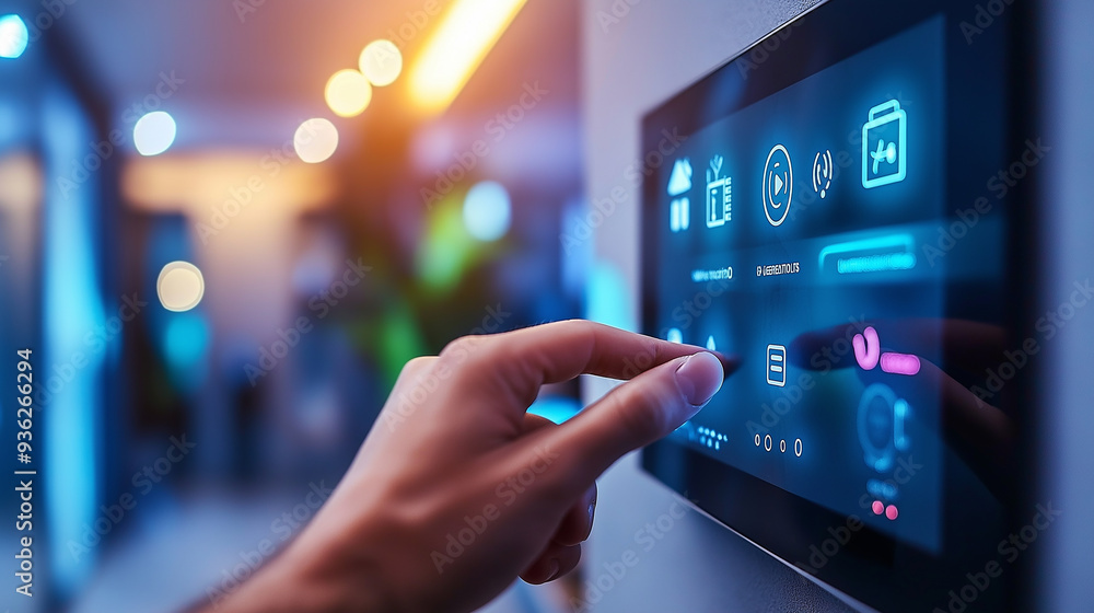 Poster Home automation system being controlled by a businessman using touchscreen