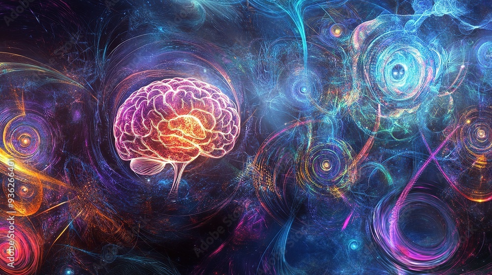 Poster a vibrant cosmic representation of a brain amid swirling galaxies and colorful energy patterns, show