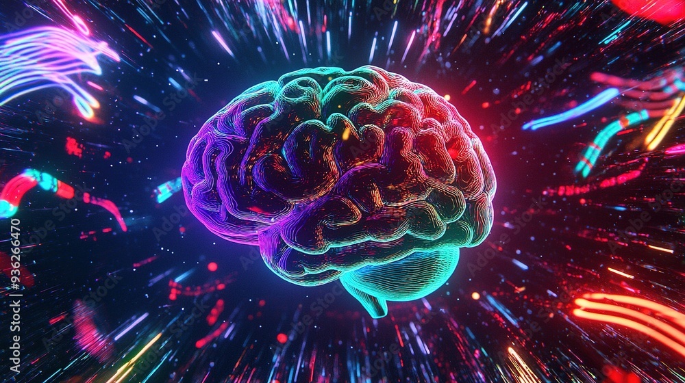 Aufkleber a colorful digital brain rendering surrounded by vibrant light trails in a dynamic, futuristic envir