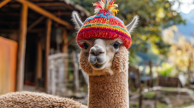 Alpaca wearing colorful knitted hat in peru