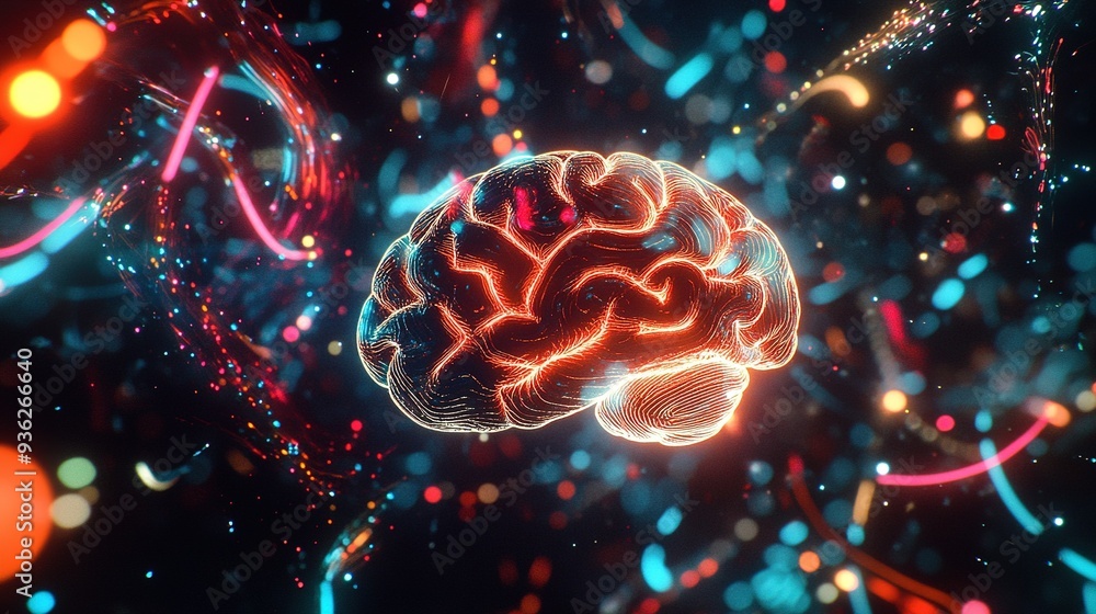 Poster a vivid abstract representation of a glowing brain surrounded by colorful neural connections in a da