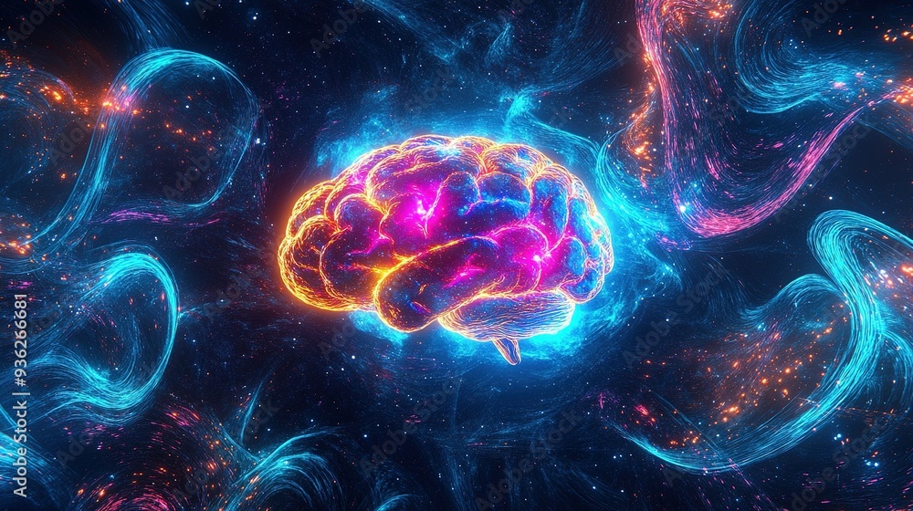 Aufkleber a vibrant and glowing representation of a brain floating amidst a colorful cosmic background with sw