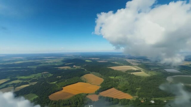 Dynamic FPV Shot of a 3D CGI Descent Through Clouds, Revealing the Ground Below