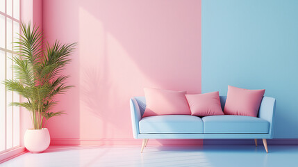 Modern living room interior featuring a blue sofa and pink walls bathed in sunlight