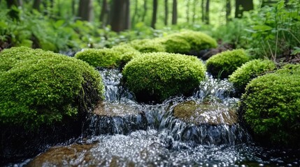 Moss-Covered Rocks and a Gentle Waterfall
