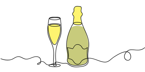Elegant champagne bottle and glass illustrated on a minimalistic background