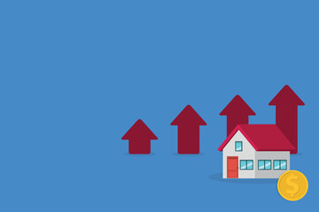 Arrows rise up above the house. The concept of growth in demand for real estate. Increase in the value of property, vector illustration	