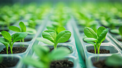 Rows of seedlings growing in a greenhouse