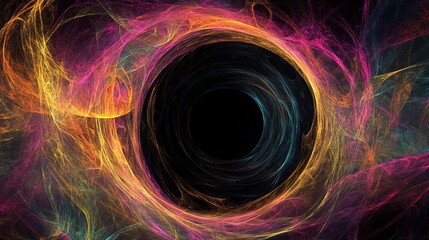 Colorful swirling patterns surrounding a dark center create a mesmerizing abstract representation of a cosmic void