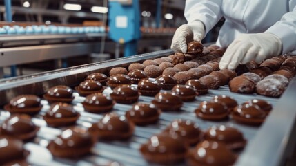 Obraz premium A skilled chocolatier skillfully handles glossy, handcrafted sweets on a conveyor belt in a vibrant production facility, showcasing artistry and precision in the afternoon hustle