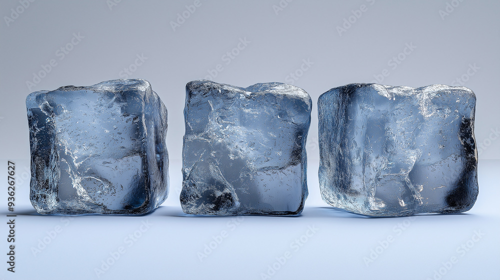 Poster three ice cubes standing on a frosted surface
