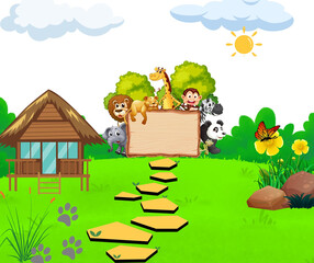 house in the forest with full of different types of animals