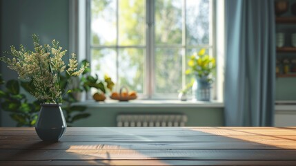 The warm rays of sunlight cascade across a rustic wooden table, highlighting a charming vase filled with blossoms, while vibrant plants thrive by the window, enhancing the serene atmosphere