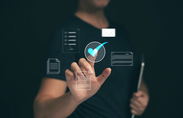 Businessman is signing documents online on a virtual screen. Signing concept. Corporate standard...