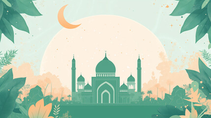 Mosque appearing through tropical leaves at sunset with crescent moon for ramadan kareem