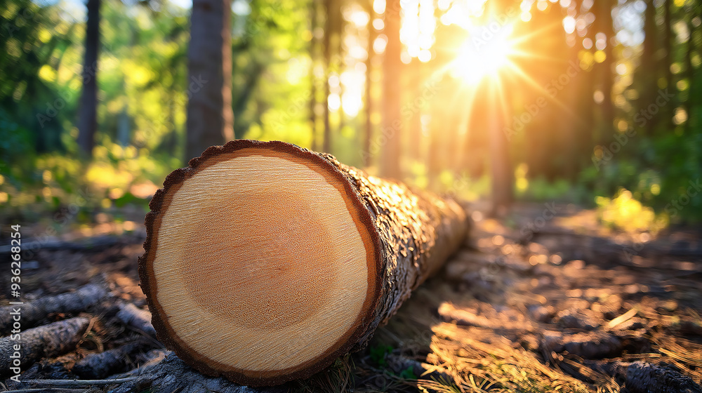 Poster freshly cut tree trunk lying on the ground in a forest at sunset