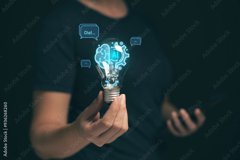 Poster a businessman holds a light bulb. the concept of using ai to help create creative ideas. a businessm