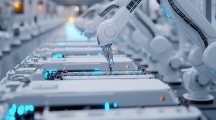 Industrial Robot Arms Assemble Lithium-Ion EV Battery Pack. Row of White Robotic Arms at Automated Production Line at Bright Modern Factory. Electric Car Manufacturing Inside 